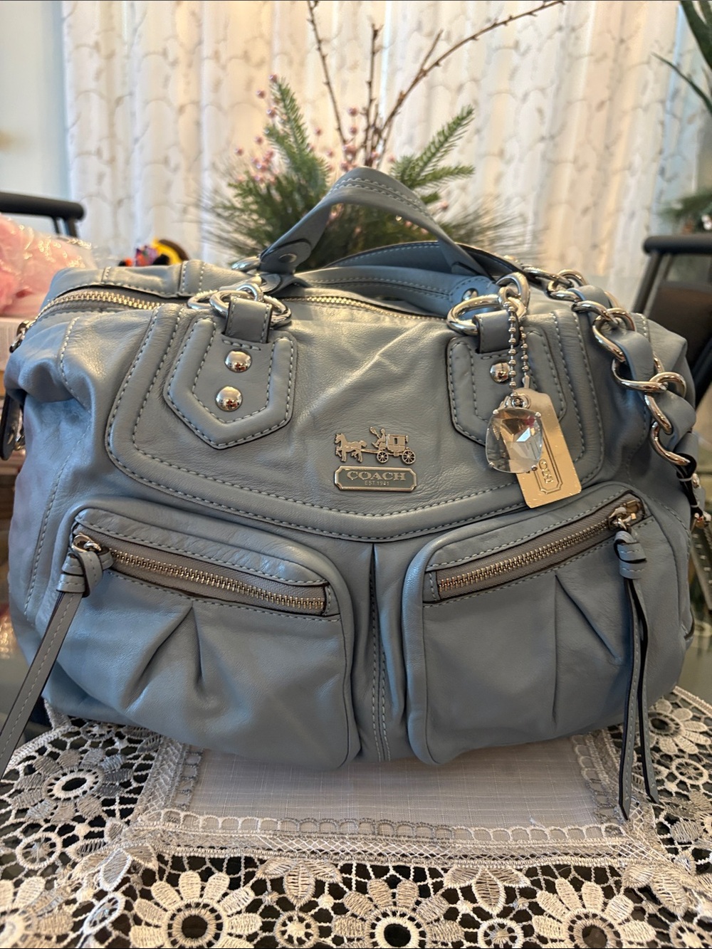Coach Light Blue Leather Shoulder Bag with silver Hardware